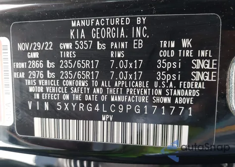 2023 Kia Sorento Lx из США, поврежденный, VIN 5XYRG4LC9PG171771